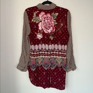 Aratta Silent Journey Plaid Patchwork Embroidered Boho Fairy Grunge Buttoned Top